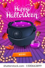 Happy Halloween, greeting vertical pink postcard with button, witch's cauldron with potion and autumn leafs