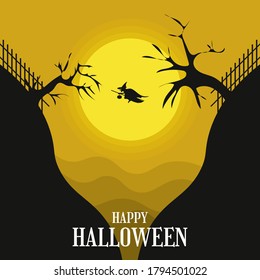 Happy Halloween greeting with a witch flying between the cliff and the moon