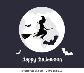 Happy Halloween Greeting with Witch Silhouette in the Moonlight. Seasonal national holiday and fantasy character concept vector