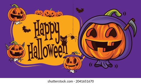 Happy Halloween greetings. Cartoon cute pumpkins with different funny faces on halloween signage background.