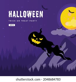 happy halloween greetings with illustration of Jack o'lantern and purple color and moon symbol