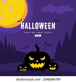 happy halloween greetings with illustration of Jack o'lantern and purple color and moon symbol