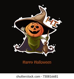Happy Halloween. Greetings pumpkin "Hi" in cartoon style, isolated on a black background. sticker, sketch, web icon, design, vector illustration
