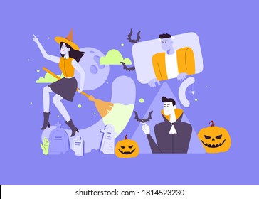 Happy Halloween Greetings Template Vector. Teenagers Or Young People In Witch, Dracula And Frankenstein Monster Costumes Illustration. 