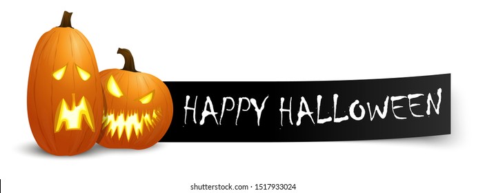 happy halloween greetings text on black banner with two spooky orange pumpkins for Halloween October time