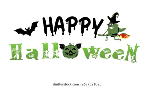 Feliz Halloween Saludos con Feliz Halloween Texto y Ilustración vectorial de murciélago, calabaza malvada, calabaza de bruja.