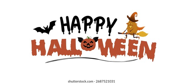 Feliz Halloween Saludos con Feliz Halloween Texto y Ilustración vectorial de murciélago, calabaza malvada, calabaza de bruja.