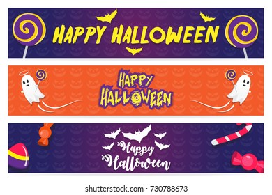 Happy Halloween greetings and typography banner set. Creative vector illustrations with holiday elements like ghost, candy, hat, magic, etc for websites, sale, background, icons and advertisement. 