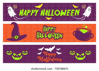 Happy Halloween greetings and typography banner set. Creative vector illustrations with holiday elements like ghost, candy, hat, magic, etc for websites, sale, background, icons and advertisement. 