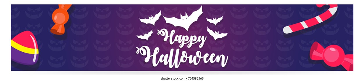 Happy Halloween greetings and typography banner set. Creative vector illustrations with holiday elements like ghost, candy, hat, magic, etc for websites, sale, background, icons and advertisement.