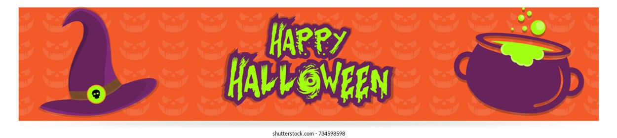 Happy Halloween greetings and typography banner set. Creative vector illustrations with holiday elements like ghost, candy, hat, magic, etc for websites, sale, background, icons and advertisement.