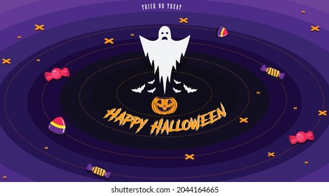 Happy Halloween greetings vector illustration with ghost, candy and other decorative elements