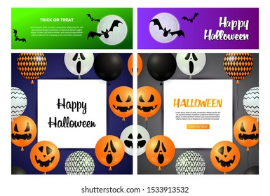 Happy Halloween grey, blue banner set with balloons. Halloween, October, trick or treat. Lettering can be used for greeting cards, invitations, announcements