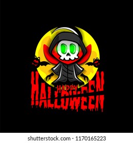 Happy Halloween, grim reaper and The bat on the full moon at night. Vector illustration.