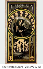 Happy Halloween Grim Reaper card in art nouveau style, vector illustration