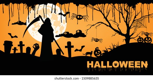 Happy halloween with Grim Reaper death, pumpkins, cemetery and bats. Yellow background vector
