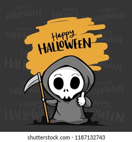 Happy Halloween with Grim Reaper Hand Drawing Vector Illustration