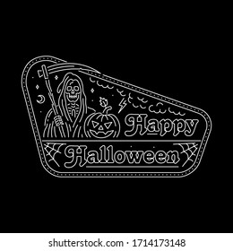 HAPPY HALLOWEEN GRIM REAPER NEON BADGE WHITE BLACK BACKGROUND