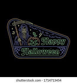 HAPPY HALLOWEEN GRIM REAPER NEON BADGE COLOR BLACK BACKGROUND