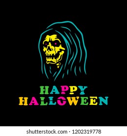 HAPPY HALLOWEEN GRIM REAPER SKULL MULTICOLOR BLACK BACKGROUND