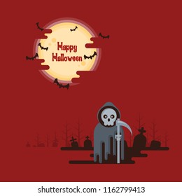 Happy Halloween, grim reaper standing with scythe at night in a graveyard under glowing full moon and flying bats with dark shadow on red background in cartoon style