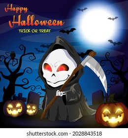 Happy halloween Grim reaper standing with Scythe on  graveyard background, Symbol of Death. Colorful Vector Illustrationon