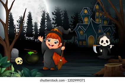 Happy halloween with grim reaper and the witch girl