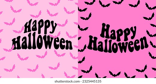 Happy Halloween groovy lettering. Pink Halloween sign banner with set of bats. Trendy vintage poster. Vector illustration