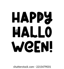 Happy Halloween - groovy vector Halloween quote with spider, ghost and cobweb. Trendy spooky saying for Halloween design, fall decorations, prints. Vector illustration isolated on white