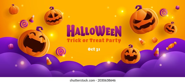 Happy Halloween. Group of 3D illustration pumpkin on treat or trick fun party celebration background design.