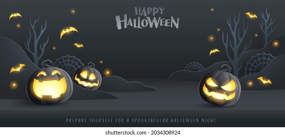 Feliz Halloween. Grupo de ilustraciones 3D calabaza negra brillante oscuro en el truco o en el diseño de fondo de celebración de fiesta divertida.