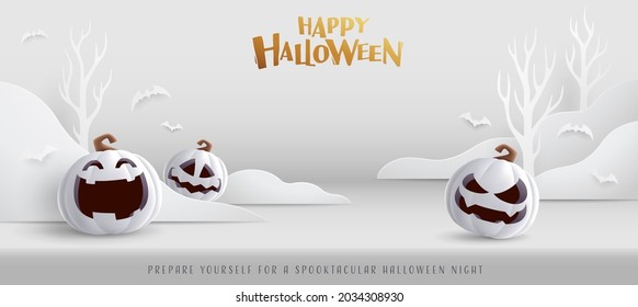 Happy Halloween. Group of 3D illustration white modern pumpkin on white minimalist fun party celebration background design.