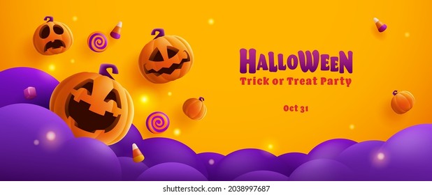 Happy Halloween. Group of 3D illustration pumpkin on treat or trick fun party celebration background design.