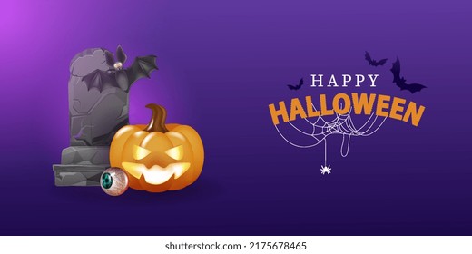 Fröhliches Halloween. Eine Gruppe von 3D-Illustrationen eines leuchtenden Kürbiskerns, einer Fledermaus.