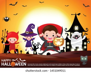 Happy Halloween. Group of child in Halloween costume jumping. Template for advertising brochure. Happy Halloween party poster and theme design background Vector Illustration