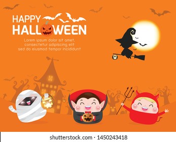 Happy Halloween. Group of kids in halloween costume Template for advertising brochure. Happy Halloween party poster and theme design background Vector Illustration