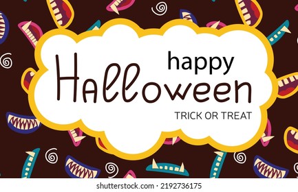 Happy Halloween. Group scary mouth on treat or trick fun party celebration purple background design.