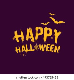Happy halloween grunge brush lettering with bat and spider web