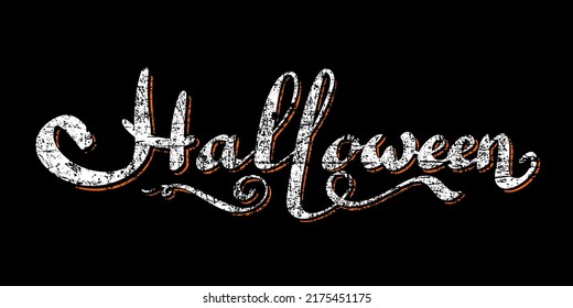 Happy Halloween grunge lettering wavy tail, isolated black background. Holiday white lettering banner. Happy Halloween celebration poster. Greeting card, october party invitation. Vector illustration