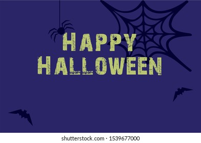 Happy Halloween Grunge Letters with Bats and Spiders and Spider Web Illustration on Violet Background Copy Space