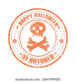 Happy Halloween grunge retro rubber stamp with skull and bones. Grunge textured holiday sticker or label. Vector element