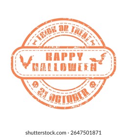 Happy Halloween grunge retro rubber stamp with flying bats. Grunge textured holiday sticker or label. Vector element