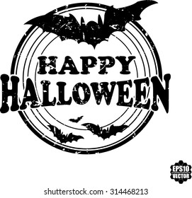 Happy halloween grunge rubber black stamp with bats on circle. Vector illustration.