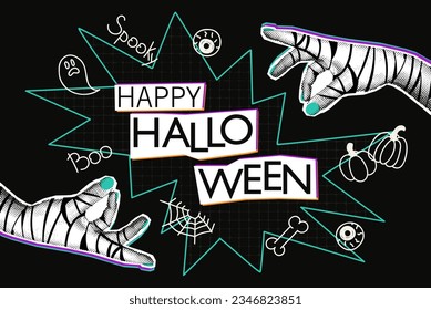 Feliz carteles de media tonalidad de Halloween con manos y garabatos de momias. Diseño moderno de medios mixtos. Plantilla de fondo de arte pop inquietante. Ilustración del vector aislada en negro