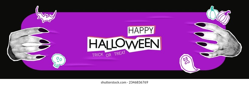 Happy Halloween halftone collage banner with witch hands holding paper sign. Modern mixed media design. Spooky pop art background, poster template with copy space for text. Vector illustration