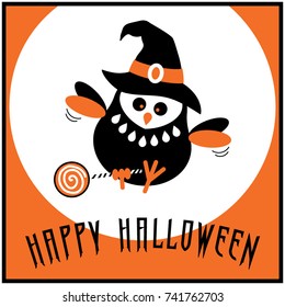 HAPPY HALLOWEEN - HAND DRAWN BACKGROUND,GREETING-INVITATION CARD WITH CUTE BABY OWL -VECTOR ILLUSTRATION