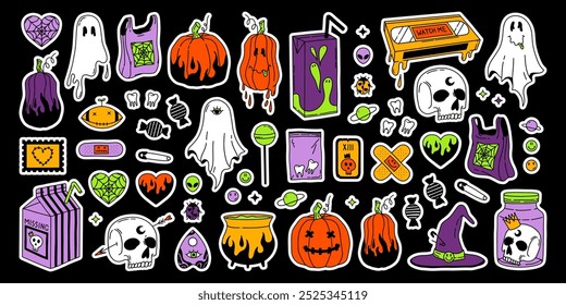 Happy Halloween hand drawn big sticker pack. Vector stickers in purple, green, orange colors. Scary doodles. Ghost, pumpkin, video cassette, juice, skull, tarot, plastic bag, teeth, witch, heart