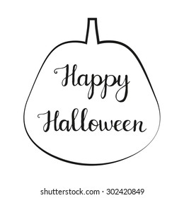 Happy Halloween. Hand drawn calligraphic quote created with blob brush. Isolated typographical design element for prints, posters, templates and cards. Unique typography in pumpkin on the background.