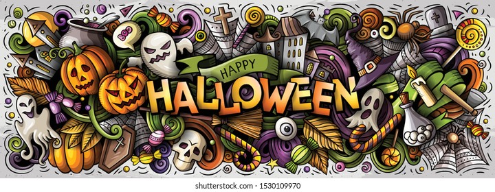 Happy Halloween hand drawn cartoon doodles illustration. Holiday funny objects and elements poster design. Creative art background. Colorful vector banner