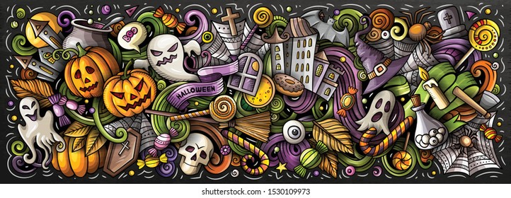 Happy Halloween hand drawn cartoon doodles illustration. Holiday funny objects and elements design. Creative art background. Colorful vector banner